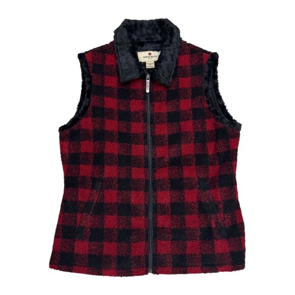 WOOLRICH Vintage Y2K Plaid Red Faux Fur Designer Outdoor Vest Womens Medium - Picture 1 of 7